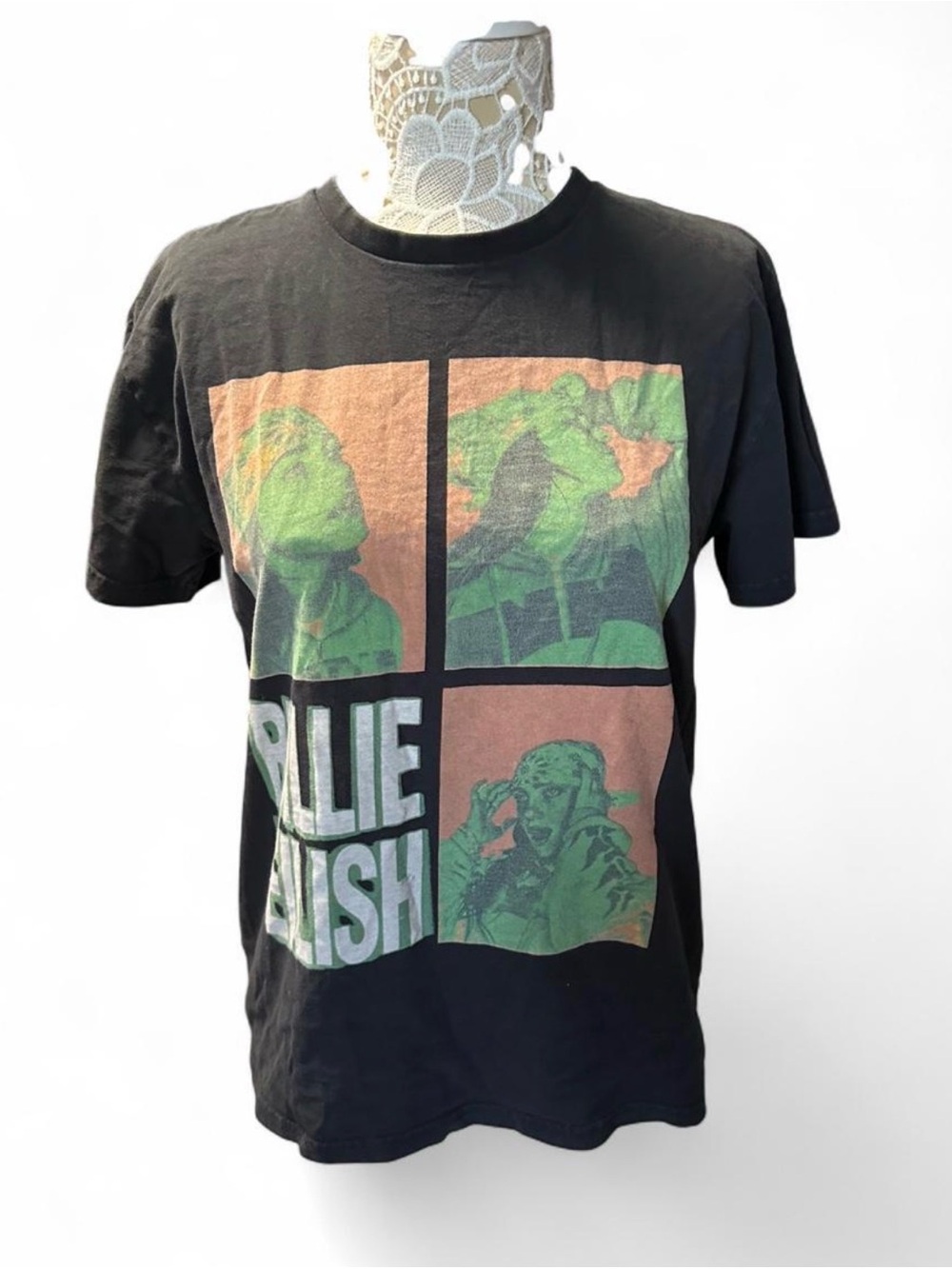 Black Short Sleeve Graphic Tee with Green & Rust Panels by